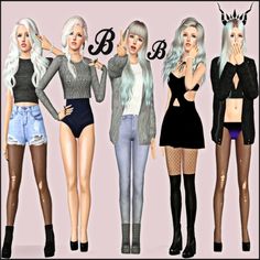 four different types of women in short shorts and sweaters, all wearing high heeled boots