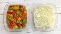 two plastic containers filled with chopped vegetables on top of a white wooden table next to each other