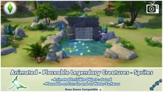 an animated video game with animals and plants in the background, including a waterfall that is surrounded by rocks