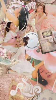 a collage of women in dresses and hats with cd's on the table