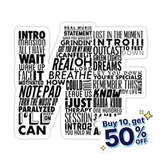 the 50 % off sticker is shown in black and white, with words that spell out