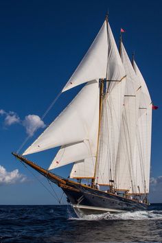 a large sailboat with white sails on the open water in front of a blue sky