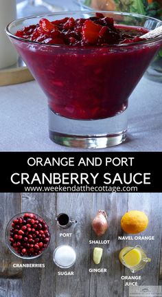 orange and port cranberry sauce in a glass bowl with ingredients to make it