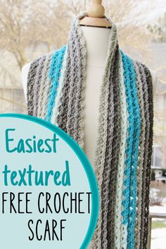 an easy crochet scarf with text that reads, easier textured free crochet scarf