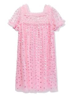 bubblegum pink recycled polyester tulle netting sequin design ruffled trim square neck empire line short sleeves straight hem Dress With Jean Jacket, Dolce And Gabbana Kids, Sequin Design, Upcycled Materials, Needle Thread, Smocked Dress, Stella Mccartney Kids, Girls Party, Bubblegum Pink