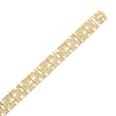 Here's a meaningful gift for Nugget Bracelet collectors. From our Bracelet collection, this 10K Yellow Gold Nugget Textured Rectangle Edge Link Bracelet features Shiny & Diamond Cut finish. Product Details: Metal: Real 10K Gold 5.5mm - 11.81 grams (1.47 g/in) 8.0mm - 16.36 grams (2.04 g/in) 9.0mm - 17.25 grams (2.15 g/in) 11mm - 17.80 grams (2.22 g/in) 13.5mm - 25.47 grams (3.18 g/in) 16mm - 30.73 grams (3.84 g/in) Length: All weight are written in 8" version. The weight will change depending on Formal Yellow Gold Bracelet With Decorative Band, Rectangular Gold Bracelet With 17 Jewels, Gold Bracelet With Decorative Band For Anniversary, Classic Bracelets With Decorative Band For Formal Occasions, Classic Formal Bracelets With Decorative Band, Elegant 14k Gold Bracelets With Decorative Band, Rectangular Diamond Cut Wedding Bracelets, Formal Rectangular Bracelet, Classic Bracelets With Decorative Band As Gift