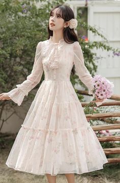 Rose Twinkle Midi Dress (Cream) – Megoosta Fashion Long Sleeve Chiffon Midi Dress With Ruffles, Feminine Long Sleeve Midi Dress With Ruffle Hem, Long Sleeve Chiffon Midi Dress For Garden Party, Sparkles Dress, Ethereal Fairy, Fairycore Dresses, Midi Skirt Set, Tiered Midi Skirt, Flare Long Sleeve