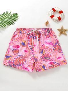 Escape to paradise with these Tropical Print Swim Trunks. The vibrant all-over print and drawstring waist make them a stylish choice for your beach adventures. Stay comfortable with the convenient pocket and non-stretch polyester fabric. Dive into summer in style! Specification: Pattern Type: Tropical, All Over Print Details: Drawstring, Pocket Type: Bottoms Bottom Type: Shorts Fabric: Non-Stretch Material: Polyester Composition: 100% Polyester Care Instructions: Machine wash, do not dry clean, Beachy Swimwear With Drawstring For Beach Season, Multicolor Hawaiian Summer Bottoms, Vacation Swim Trunks With Drawstring For Poolside, Multicolor Hawaiian Shorts For Beach Season, Summer Beachy Swimwear With Drawstring, Beach Party Shorts With Drawstring, Beachwear Swimwear With Drawstring For Vacation, Beachy Drawstring Swimwear For Summer, Vacation Swimwear With Drawstring For Beach