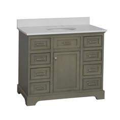 an image of a bathroom vanity with drawers and a white counter top on the side