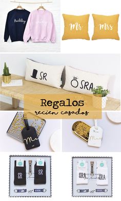 some pillows and other items that are on a table with the words regalos written in them