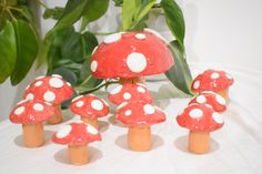 small red mushrooms with white dots on them sitting next to a potted green plant