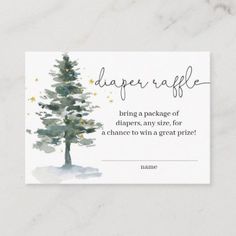 a watercolor pine tree with stars on it and the words paper raffle written in black