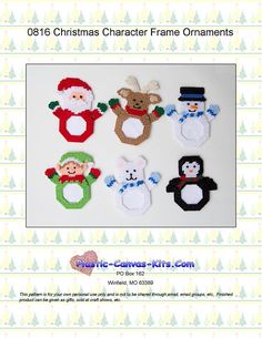 the christmas character frame ornaments are made from crochet