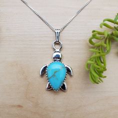 "Visit our on-line shop at: Etsy.com/shop/AlbuquerqueDesigns *sterling silver pendant necklace *sea turtle pendant with silver box chain 18\" *southwestern jewelry *kingman turquoise *calibrated pre-cut stones: big 15x10mm teardrop shape *all jewelry items are made to ship, slight variations in stones will occur comparing to pictures *size of a penny is 19mm or a dime is 18mm in diameter for comparing size with jewelry items *handcrafted in USA *free convenient gift box *free shipping in US, shi Turquoise Heart Earrings, Big Sea, Sea Turtle Necklace, Carnelian Necklace, Turquoise Drop Earrings, Box Chain Necklace, Turtle Necklace, Turquoise Heart, Turtle Pendant