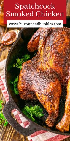 a roasted chicken in a cast iron skillet with parsley on the side and text overlay