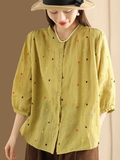 Women Casual Embroidered Polka Dot Ramie Shirt Casual Embroidered Blouse For Work, Casual Polka Dot Blouse For Spring, Polka Dot Cotton Collared Top, Polka Dot Collared Cotton Top, Collared Cotton Polka Dot Tops, Collared Polka Dot Cotton Top, Polka Dot Long Sleeve Top With Relaxed Fit, Relaxed Fit Cotton Polka Dot Tops, Long Sleeve Polka Dot Top With Relaxed Fit