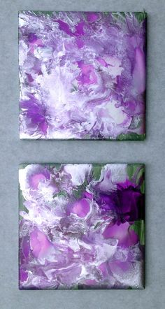 two square paintings with purple flowers on them