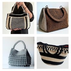 crocheted purses and handbags are shown in four different pictures, one is black, the other white