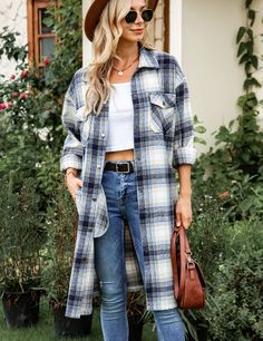 Women's Plaid Shacket INS Style Woolen Plaid Print Long Sleeve Jacket Long-Length Check Shacket Long Shacket, Length Check, Plaid Shacket, Cheap Clothing, Plaid Outfits, Women Jackets, Sleeveless Long Dress, Long Sleeve Jacket, Printed Long Dresses