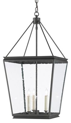 Currey and Company - 9000-0550 - Three Light Lantern - Old Iron Old Lanterns, Black Lantern, Lantern Candle Decor, Iron Lanterns, Lantern Chandelier, Rectangle Chandelier, Chandelier Lighting Fixtures, Seeded Glass, Lantern Pendant