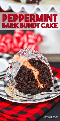 a chocolate peppermint bark bundt cake on a plate