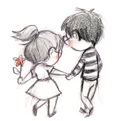 a drawing of two children holding hands and one has a flower in its hand while the other holds his head