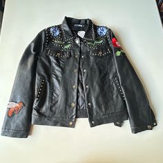 Women's Embroidered Studded Faux Leather Jacket Moto Punk Floral Coat Size L New Love This Jacket! Versatile, Many Outfits Choices Lined, Will Keep You Warm Floral Embroidered Long Sleeve Leather Jacket For Winter, Casual Embroidered Fitted Leather Jacket, Fitted Black Embellished Leather Jacket, Fitted Black Embroidered Leather Jacket, Fitted Embroidered Long-sleeved Leather Jacket, Many Outfits, Floral Coat, Faux Leather Jacket, Faux Leather Jackets