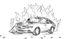 a drawing of a car on fire