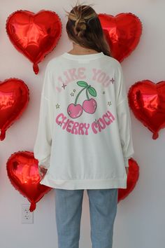 A Cute, fun, Oversized, graphic T-shirt. It's white long sleeve and has the cutest cherry print on it. Cherry Graphic, Cherry Print, I Like You, Graphic Long Sleeve, White Long Sleeve, Long Sleeve Tee, Like You