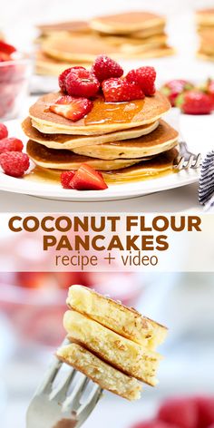 a stack of pancakes with raspberries on top and the words coconut flour pancakes recipe + video