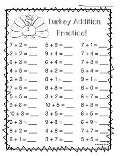 a turkey addition practice sheet for students to learn how to solve the missing numbers and subtitles