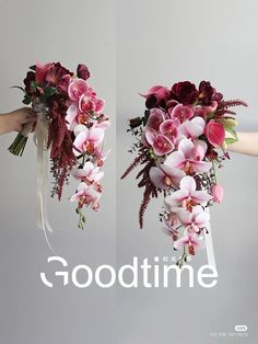 two pictures of flowers being held by someone's hand