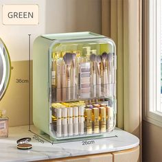 Color: green Vanity Table Organization, Led Light Mirror, Luxury Vanity, Pink Lamp, Green Lamp, Box Bedroom, Makeup Organizers, Light Mirror, Luxury Mirror