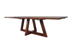 a wooden table with two intersecting legs and a rectangular top, against a white background