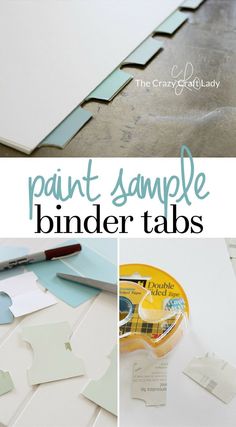 some paper and scissors on top of a table with paint sample binder tabs