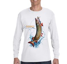 a man wearing a white long sleeve shirt with a fish on it's chest