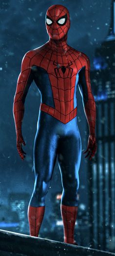 the amazing spider - man is standing in front of a cityscape at night