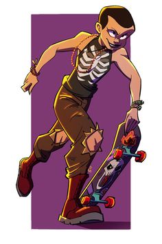 a man riding a skateboard on top of a purple background