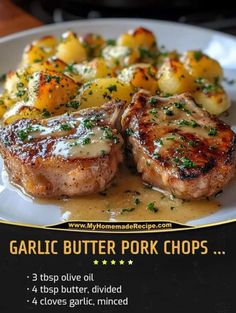 grilled pork chops with potatoes and gravy on a white plate