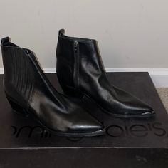 Marc Fisher Ltd Taline Leather Ankle Boots Size 11 3" Heel Pull-On Style Leather Imported Brand New Nwot Chic Leather High-top Heeled Boots, Chic High-top Leather Heeled Boots, Chic Ankle-high Chelsea Boots For Business, Leather High-top Boots With Stacked Heel, High-top Leather Boots With Stacked Heel, Black Pointed Toe Chelsea Boots With Leather Lining, Black Chelsea Boots With Leather Lining And Pointed Toe, High-top Boots With Branded Heel Counter For Fall, Leather High Ankle Booties With Stacked Heel