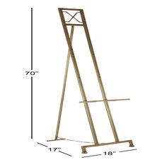 a tall wooden easel with measurements for the top and bottom section, on a white background