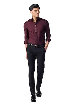 Plum shirt with contrast faux leather placket and collar. - Aza Fashions Fall Season Semi-formal Shirt, Fitted Shirt With Contrast Collar For Work, Slim Fit Shirt With Collar For Work, Slim Fit Collared Shirt For Work, Stand Collar Shirt With Placket For Workwear, Workwear Shirt With Stand Collar And Placket, Workwear Shirt With Contrast Spread Collar, Burgundy Long Sleeve Shirt For Work, Workwear Shirt With Contrast Collar