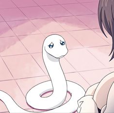 an anime character is holding a snake in her hand