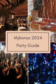 many different photos with the words mykonos party guide