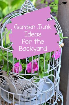 a birdcage filled with pink flowers sitting on top of a wooden table