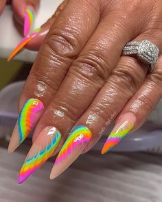 Neon Pride Nails, Tie Dye Nails Acrylic, Neon Summer Nails 2023, Pride Nails Acrylic, Neon Rainbow Nails, Tie Dye Nail Art, Carnival Nails, Rainbow Nail Art Designs, Nail Journey