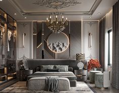 an elegant bedroom with mirrored walls and chandelier above the bed is decorated in grey tones