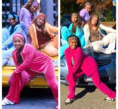 several photos of people in pink outfits posing for pictures next to a car and one has her feet on the hood of a car