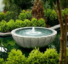 a water fountain surrounded by trees and bushes