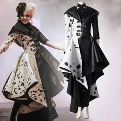 Coat Dress Outfit, Cruella Deville Costume, Cruella Costume, Vestidos Anime, Movie Cosplay, Amazing Halloween Costumes, Y2k Aesthetic Fashion, Glitter Party, White Polka Dot Dress